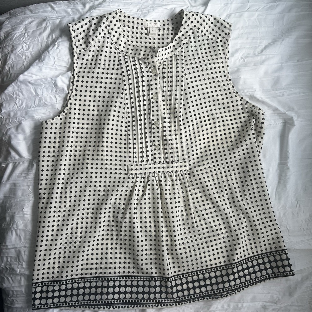 J.CREW Blouse Womens Size 8 Beige Black Polka Dot Sleeveless Lightweight